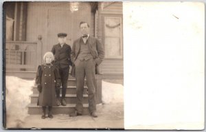 Dad And Two Kids Outside House During Winter Photograph Postcard