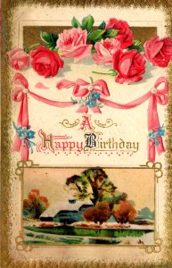 A Happy Birthday - Roses, Bows - Embossed - Dated 1912