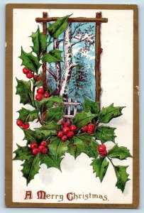 Christmas Postcard Holly Berries Winter Scene Embossed Cavendish Vermont VT 1909