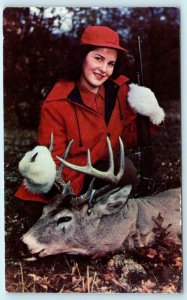 Greetings from WORTHINGTON, Minnesota MN~ Woman Deer Hunter Rifle 1960s Postcard