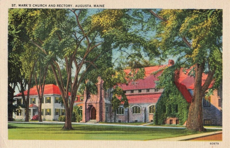 St. Mark's Church and Rectory, Augusta, Maine Linen Postcard