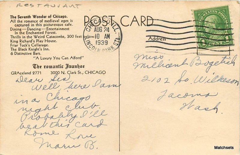 1939 Romantic Ivanhoe Restaurant CHIICAGO IL artist impression postcard 11554