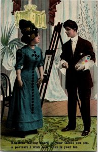 Woman Asks Artist to Paint Her Portrait Easel Palette c1908 Vintage Postcard L26