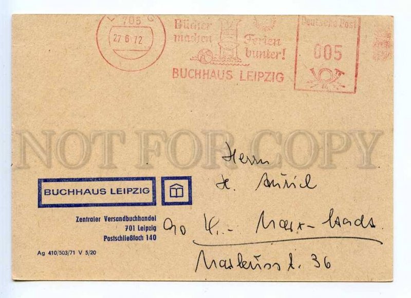 289975 EAST GERMANY 1972 Buchhaus Leipzig Postage meter postal card