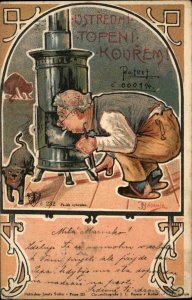 Old Man Dog Wood Stove Advertising? Art Nouveau Border c1900 Postcard