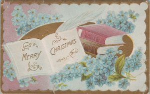 Christmas Winsch back books pen blue flowers gilt embossed postcard A838 