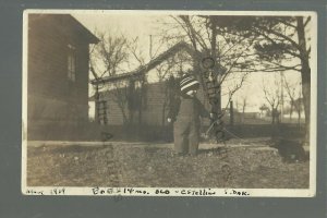 Estelline SOUTH DAKOTA RPPC 1909 LITTLE BOY Pull Toy TEDDY BEAR Toys CUTE!!