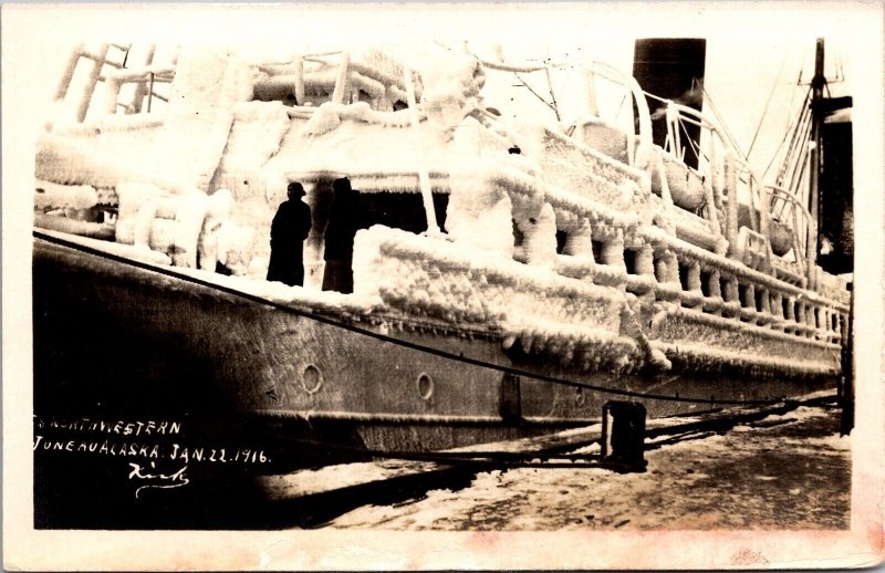 Real Photo Postcard Northwestern Ship Covered in Ice in Juneau, Alaska
