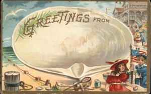 Greetings Patriotic Children American Flag Seashell Border c1910 Postcard