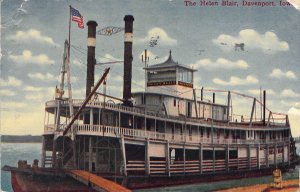 Steamer The Helen Blair, On the Mississippi River, Davenport IA, Old Post Card