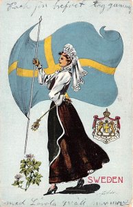 Woman with Flag Sweden Postcard