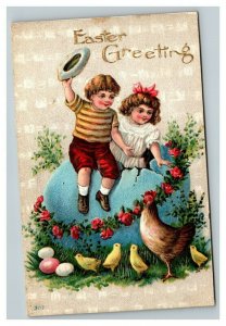 Vintage 1911 Easter Postcard Kids Giant Blue Egg Cute Chicks Flowers NICE