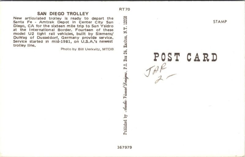San Diego Trolley Santa Fe California CA Postcard VTG UNP Vintage Unsued Chrome