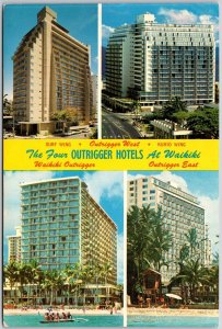 Waikiki Outrigger Hotel East & West Wing Swimming Surfing Hawaii HI Postcard