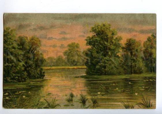 144908 HUNT Landscape of Pond EVENING vintage PC
