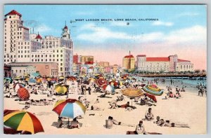 1942 LONG BEACH CALIFORNIA WEST LAGOON*LINEN POSTCARD*BUY DEFENSE SAVINGS BONDS