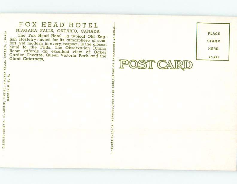 Unused Pre-1980 FOX HEAD HOTEL Niagara Falls Ontario ON F6903@