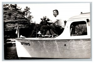 Vintage 1950's RPPC Postcard Boater & Dog Sailing the Wisconsin Dells Wisconsin