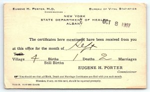 1907 WILLIAMSVILLE NY STATE DEPT OF HEALTH BIRTH/DEATH/MARRIAGE REPORT CARD P709