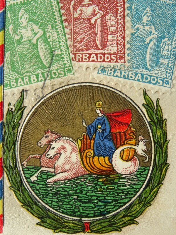 Caribbean BARBADOS Philately STAMPS, MAP & HERALDIC ARMS c1910 Embossed Postcard