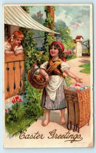 EASTER Greetings CUTE GIRLS~EASTER EGGS c1910s Embossed PFB Series 8442 Postcard