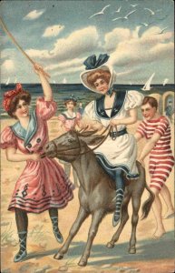 Bathing Beauty Women Play on Beach Donkey Mule c1910 Postcard