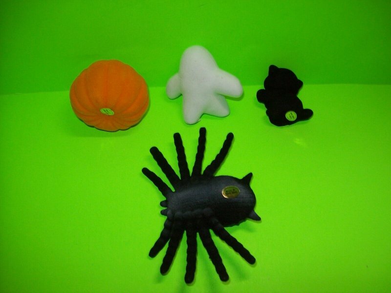 Vintage Halloween Flocked Toys Black Widow Spider Cat Ghost NOS 1960s Hong Kong