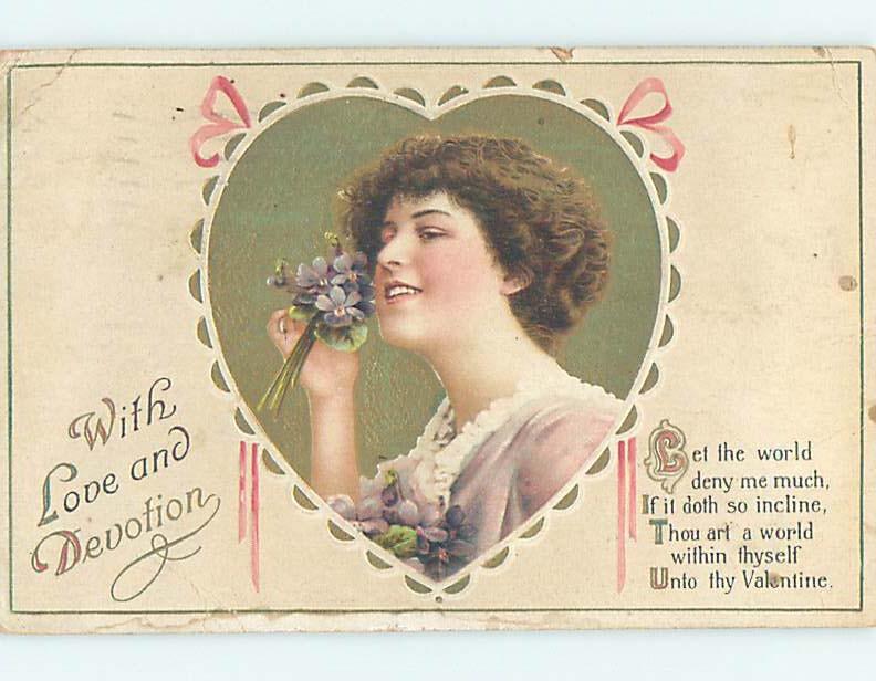 Pre-Linen valentine PRETTY GIRL HOLDS WHITE FLOWERS AGAINST HER FACE HL1493