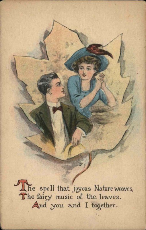 Romance Young Love Beautiful Couple Leaf Border c1910 Vintage Postcard