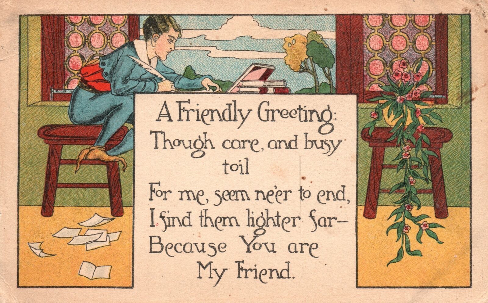 Vintage Postcard A Friendly Greeting Boy Writing Letter Messages For A
