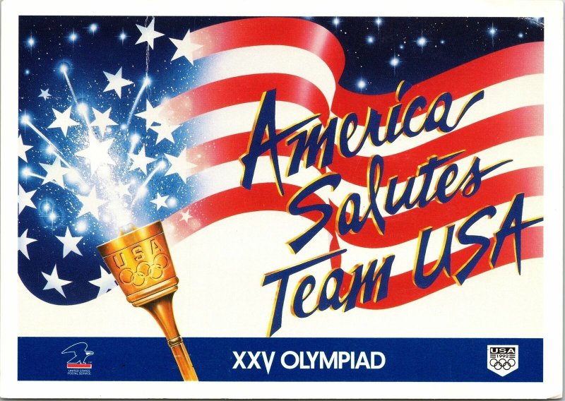 VINTAGE CONTINENTAL SIZE POSTCARD AMERICA SALUTES TEAM USA XXV OLYMPIAD