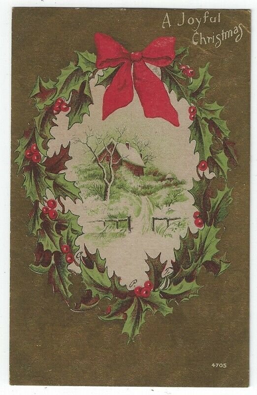 Early Christmas Greeting PC, House on a Hill in Winter, Red Bow, Holly & Berries 