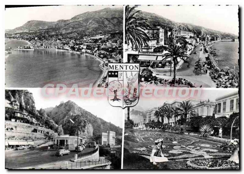 Old Postcard Menton The Promenade General view La Plage Frontiere Franco's It...