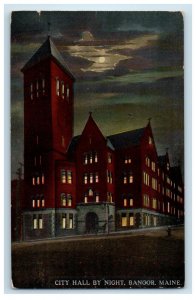 1914 City Hall Building Street View By Night Bangor Maine ME Antique Postcard