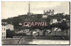 Old Postcard Lyon Fourviere Hill Lift Tower Basilica and Gay restaurant