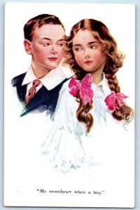 c1910's My Sweetheart When A Boy Curly Hair Signed Artist Antique Postcard