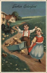 Easter Children Chicks Wheelbarrow Embossed c1900s-10s Postcard