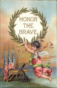 Memorial Day Child Angel American Flag Cannon c1910 Patriotic Postcard