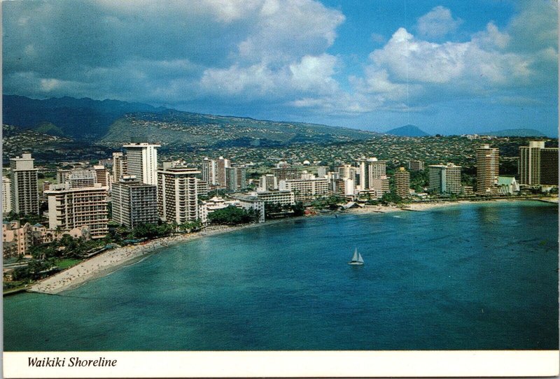 Waikiki Beach aerial view hotels sailboat Postcard Mike Roberts