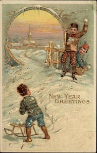 New Year's Children Play Snowball Fight Sleigh Embossed c1900s-10s Postcard