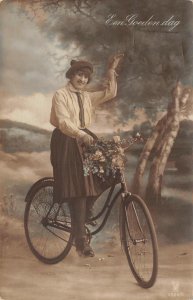 RPPC Woman on Bicycle Tinted Photo 1924 Antwerpen Anvers Vintage Postcard