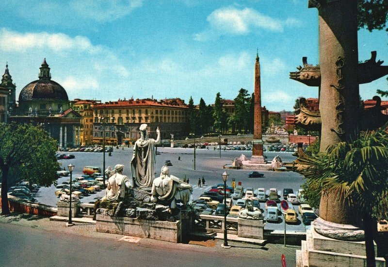 Vintage Postcard Rome The People's Square Porta Monument Statue Rome Italy
