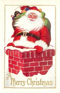 Embossed Merry Christmas Santa Claus Postcard Santa Goes Down Chimney 47