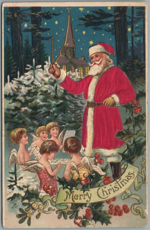 SANTA w/ ANGELS CHOIR MERRY CHRISTMAS EMBOSSED ANTIQUE POSTCARD