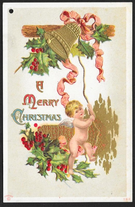 A Merry Christmas Cupid Ringing Bell & Holly Unused c1910s