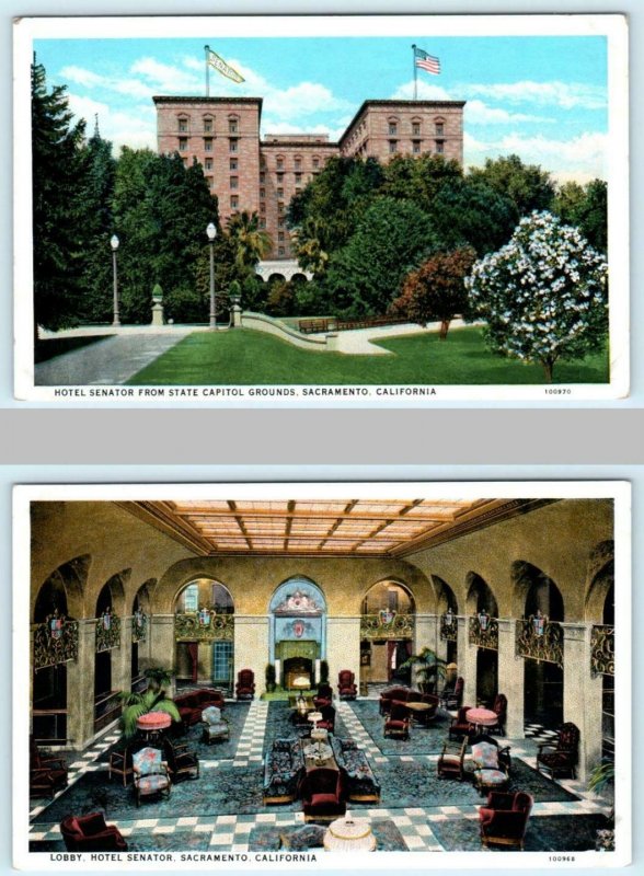 2 Postcards SACRAMENTO, California CA ~ HOTEL SENATOR & LOBBY Interior c1930s