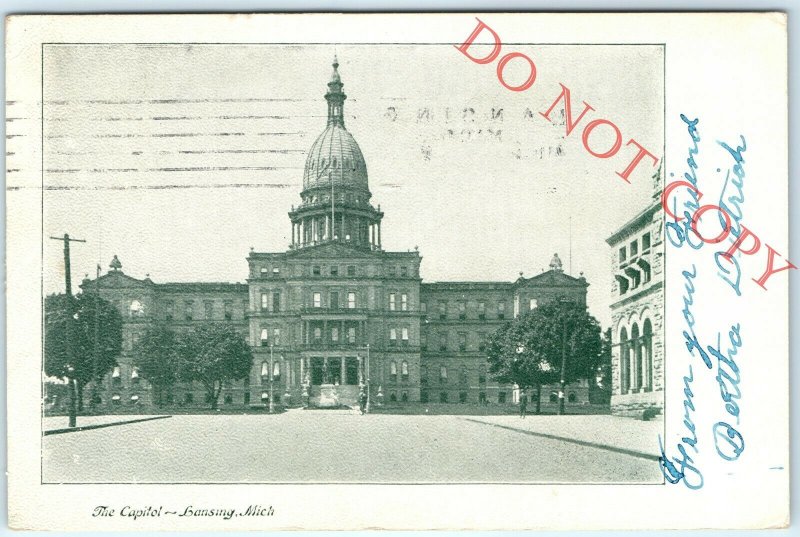 1907 Lansing, MI The State Capitol Building Litho Photo UDB Postcard Antique A18