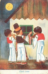 Surrealism illustration Postcard ethnic types young men serenading folk outfits