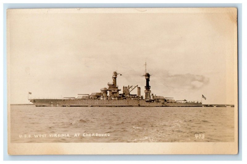 c1920's U.S.S. Steamer Ship West Virginia Cherbourg France RPPC Photo Postcard 