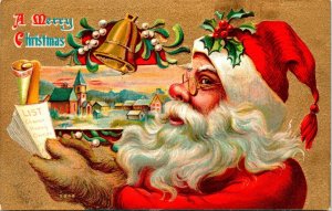 Vintage Santa Claus Big Nose Unusual Gloves, Bell & Gift List Christmas Postcard